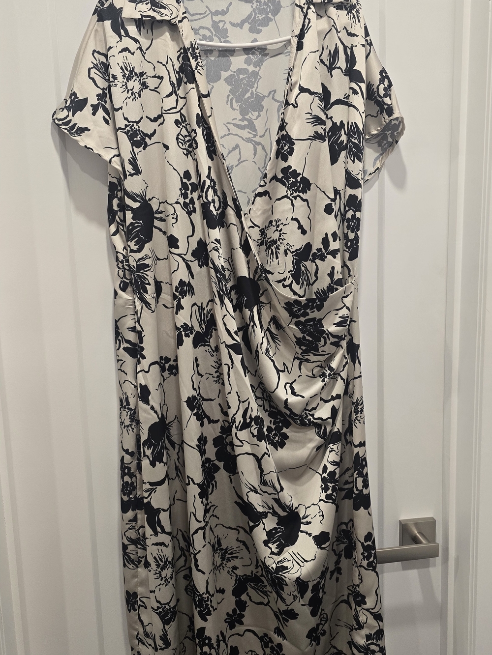Floral Draped V-Neck Women’s Dress in Cream and Black